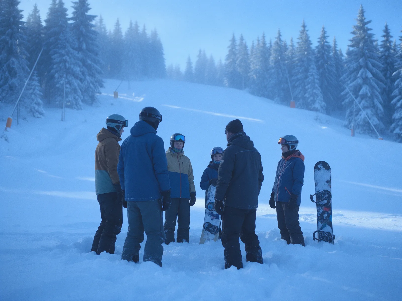 Step 1 &ndash; A snowboard group meeting at the foot of the practice slope on the Fallbachhang in Oberhof