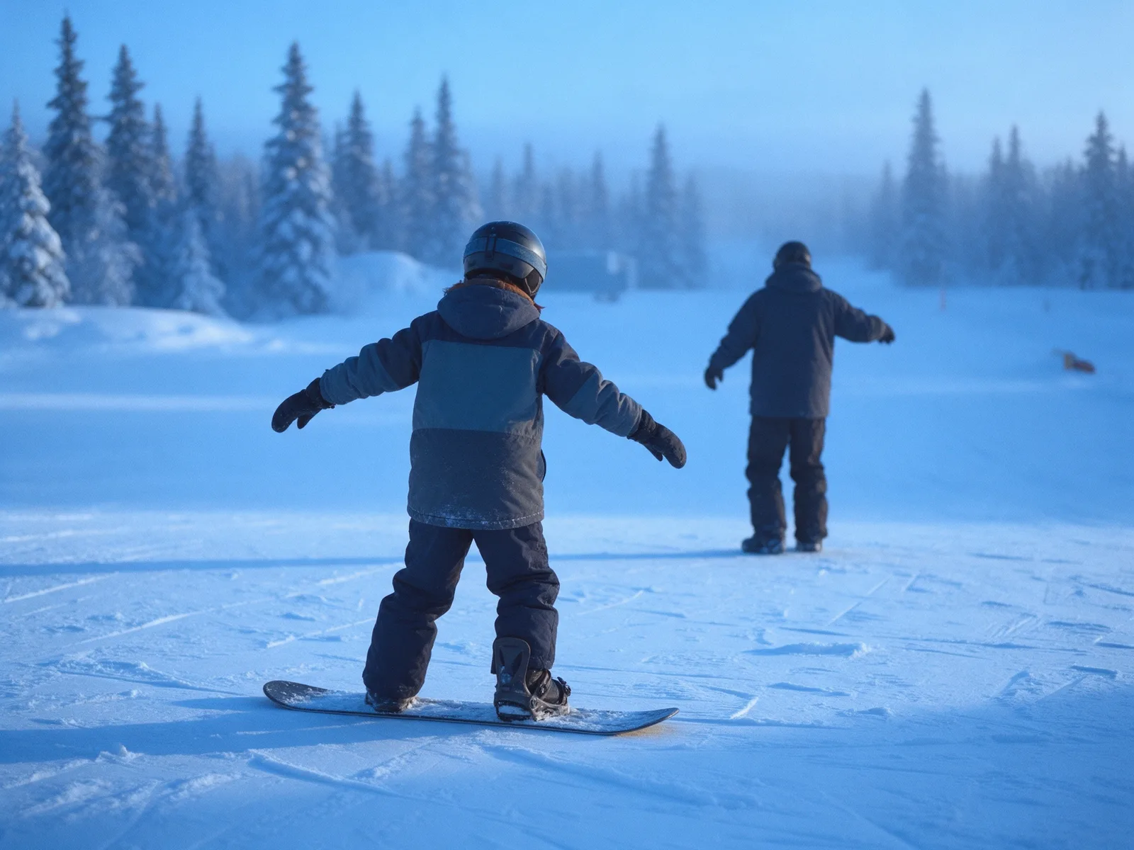 Step 3 &ndash; A beginner standing on a snowboard with one foot strapped in on the gentle practice slope, coach alongside