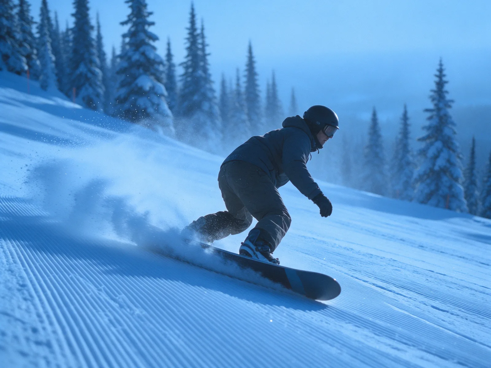 Step 5 &ndash; A snowboarder carving a controlled turn on the groomed piste and braking on her edge
