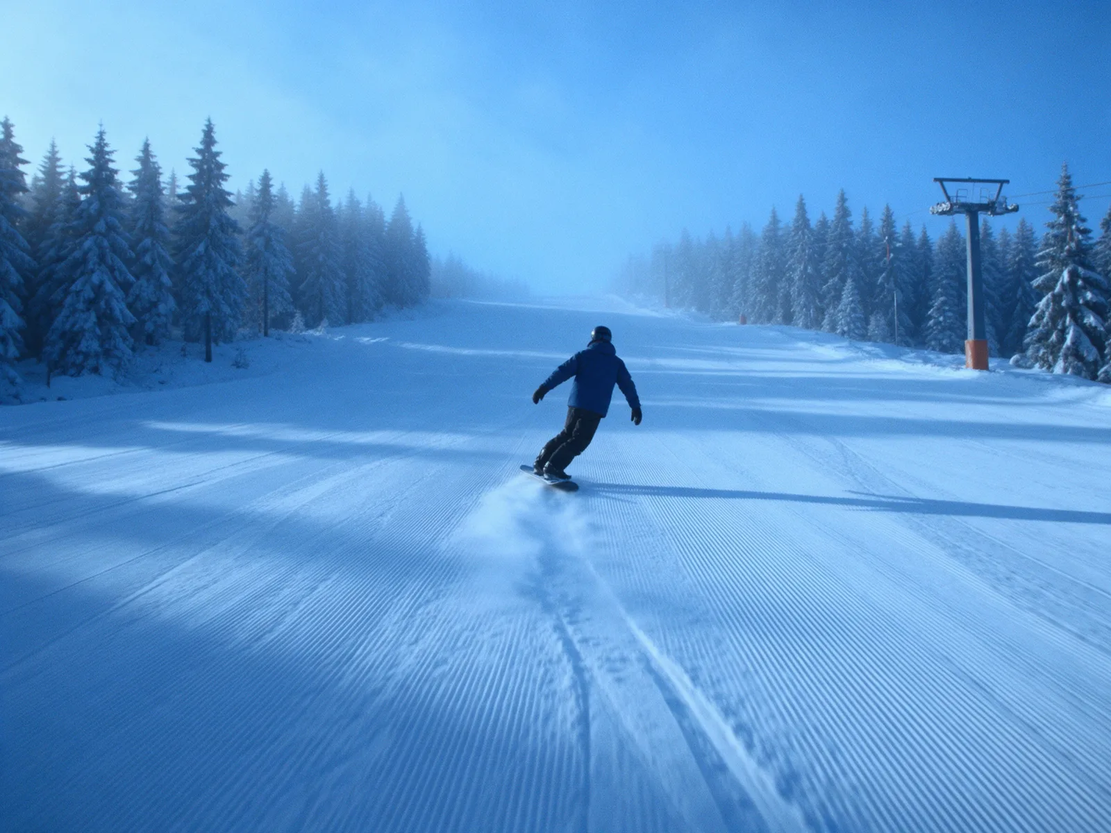 A snowboarder riding calm, flowing turns down a groomed piste