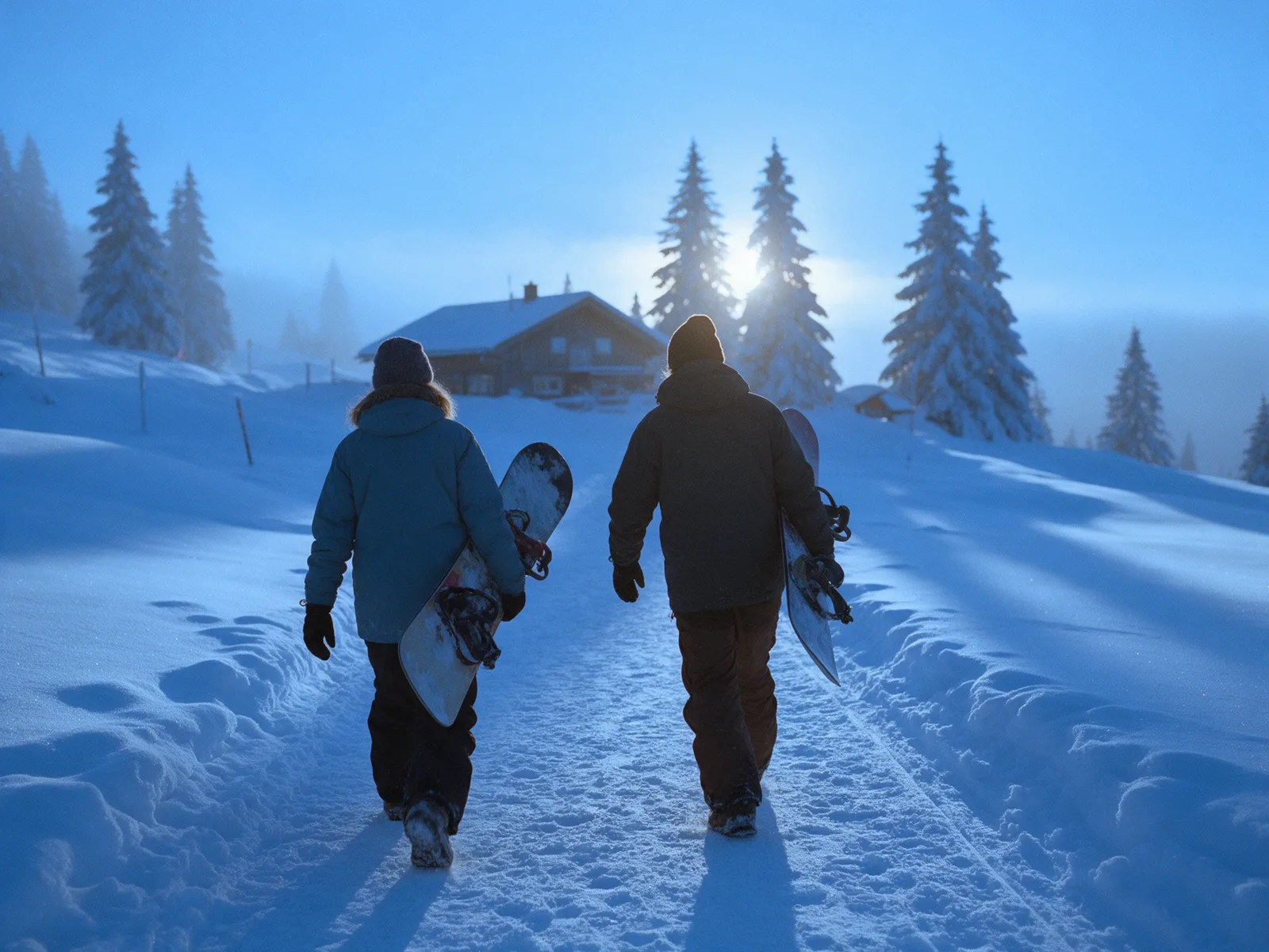 Step 7 &ndash; Two course participants walking back to the lodge in the winter sun, snowboards under their arms