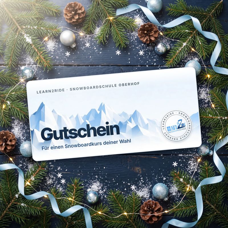 Learn2Ride-Gutschein für einen Snowboardkurs, festlich zwischen Tannenzweigen, Christbaumkugeln und Lichterkette