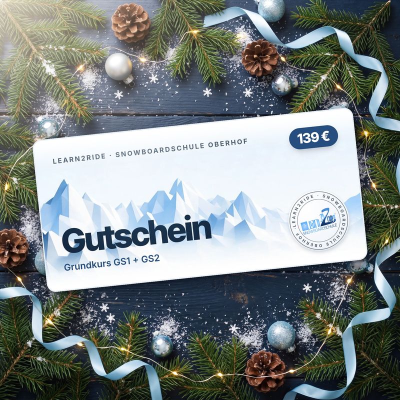 Learn2Ride-Gutschein für einen Snowboardkurs, festlich zwischen Tannenzweigen, Christbaumkugeln und Lichterkette