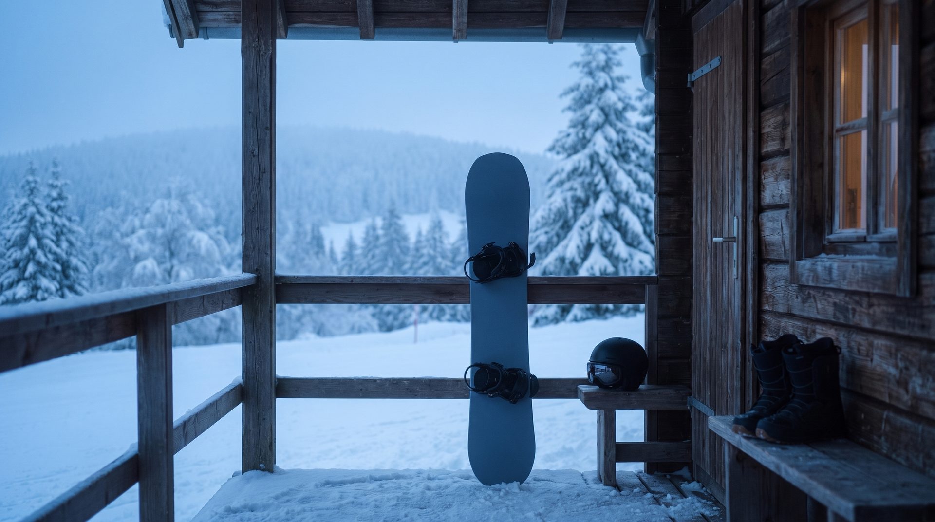 Snowboard, Helm und Snowboardschuhe auf der Veranda einer Hütte nach dem ersten Schnee