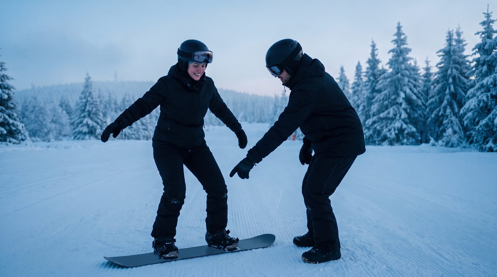 Snowboardlehrer gibt einer Anfängerin auf dem Übungshang im Thüringer Wald einen Tipp zur Knieposition